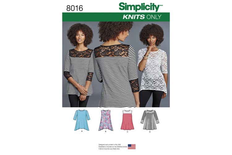 S8016 Misses' Knit Tops with Lace Variations